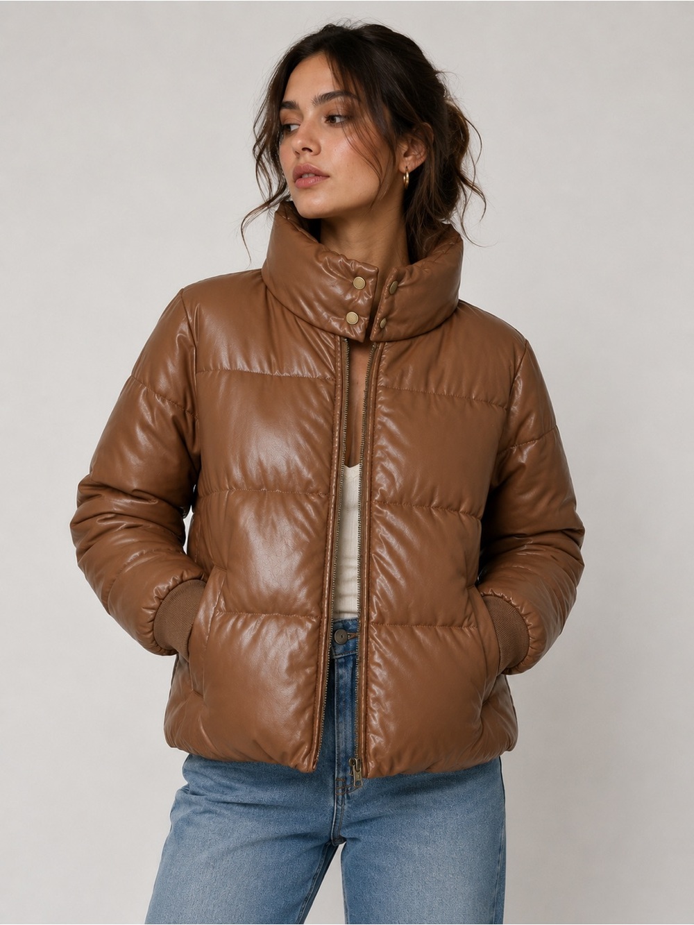 Sam Edelman Brown Quilted Puffer Jacket with High Collar
